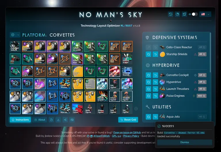 Screenshot of NMS Optimizer application showing a starship technology grid with optimized module placement